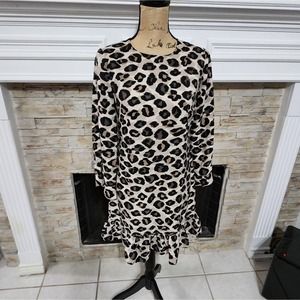 Eliza J. Leopard cheetah print long sleeve ruffle dress size 4 small‎